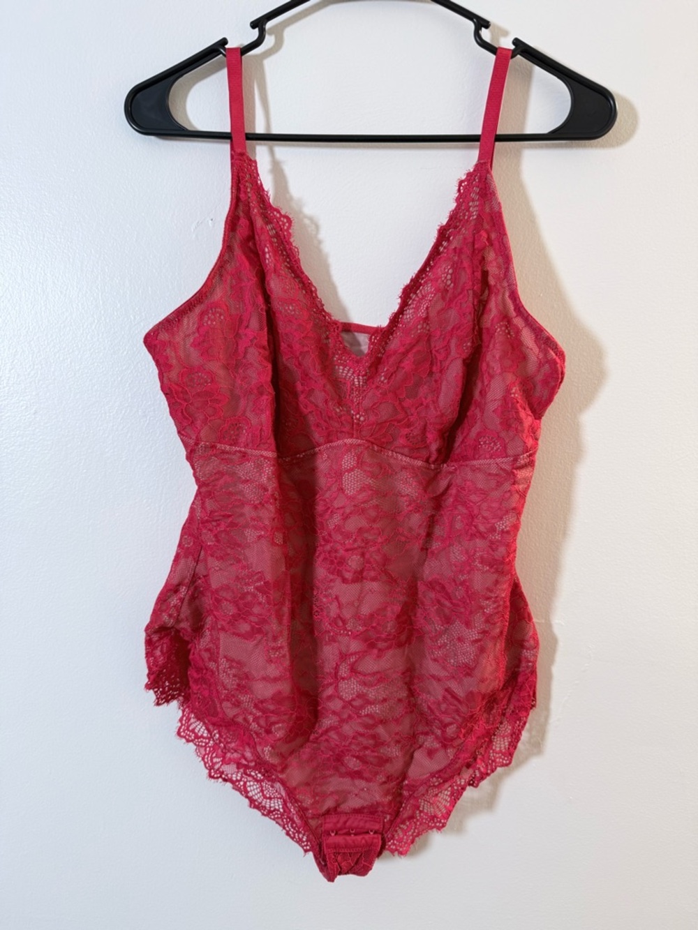 Sheer Red Lace Bodysuit with Scalloped Trim